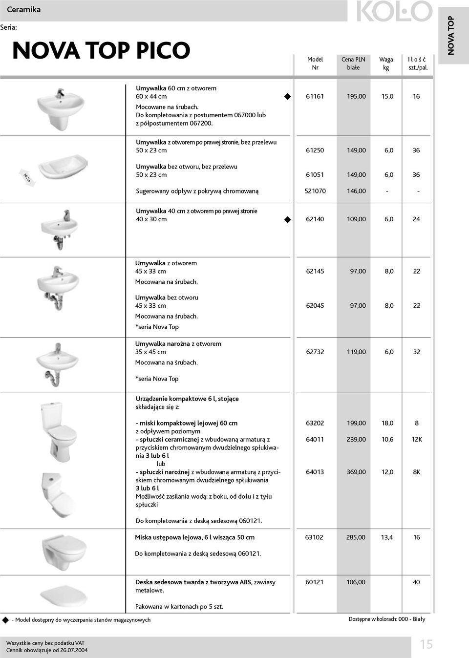 chromowaną 521070 146,00 - - Umywalka 40 cm z otworem po prawej stronie 40 x 30 cm u 62140 109,00 6,0 24 Umywalka z otworem 45 x 33 cm 62145 97,00 8,0 22 Umywalka bez otworu 45 x 33 cm *seria Nova