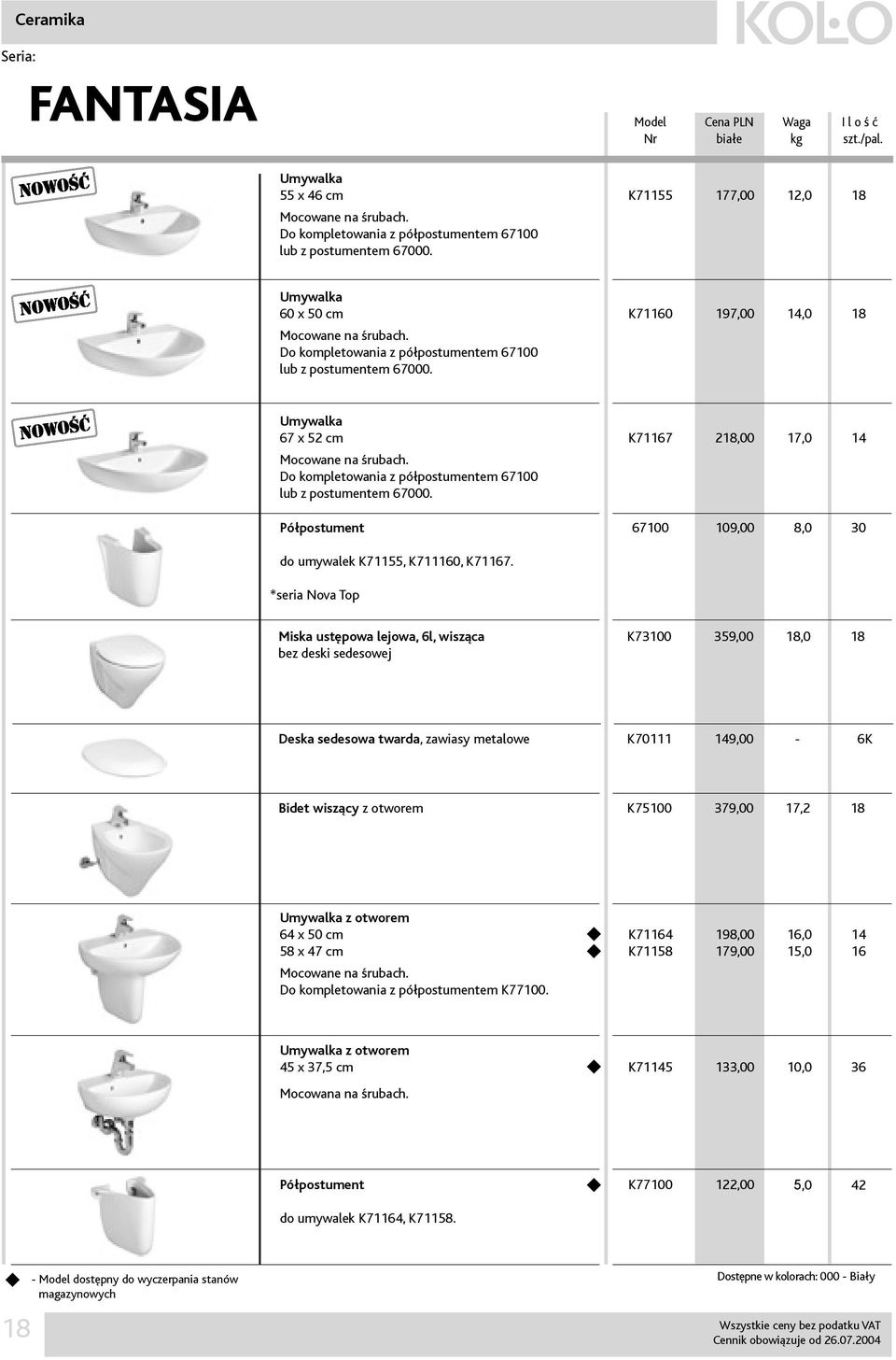 Półpostument K71167 218,00 17,0 14 67100 109,00 8,0 30 do umywalek K71155, K711160, K71167.