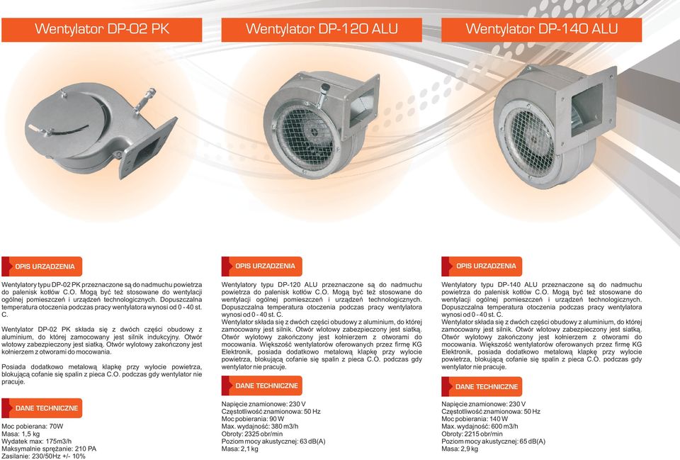 Wentylator DP-02 PK sk³ada siê z dwóch czêœci obudowy z aluminium, do której zamocowany jest silnik indukcyjny. Otwór wlotowy zabezpieczony jest siatk¹.