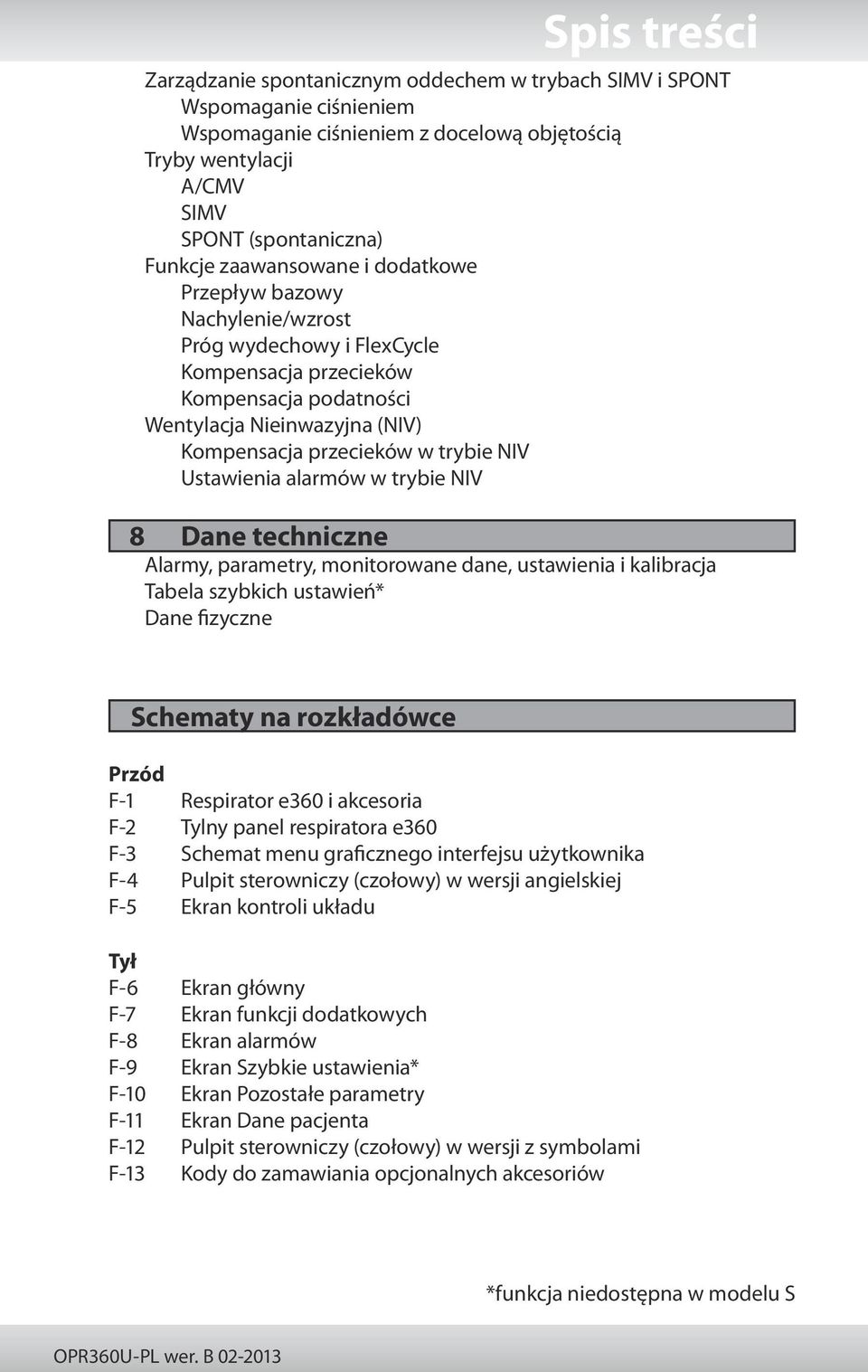 Ustawienia alarmów w trybie NIV 8 Dane techniczne Alarmy, parametry, monitorowane dane, ustawienia i kalibracja Tabela szybkich ustawień* Dane fizyczne Schematy na rozkładówce Przód F-1 Respirator