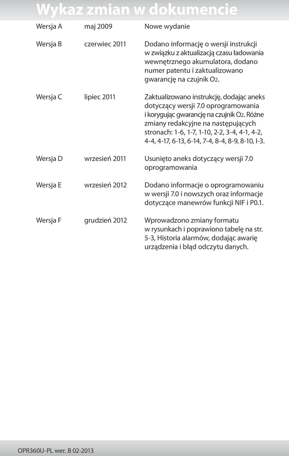 Różne zmiany redakcyjne na następujących stronach: 1-6, 1-7, 1-10, 2-2, 3-4, 4-1, 4-2, 4-4, 4-17, 6-13, 6-14, 7-4, 8-4, 8-9, 8-10, I-3. Wersja D wrzesień 2011 Usunięto aneks dotyczący wersji 7.