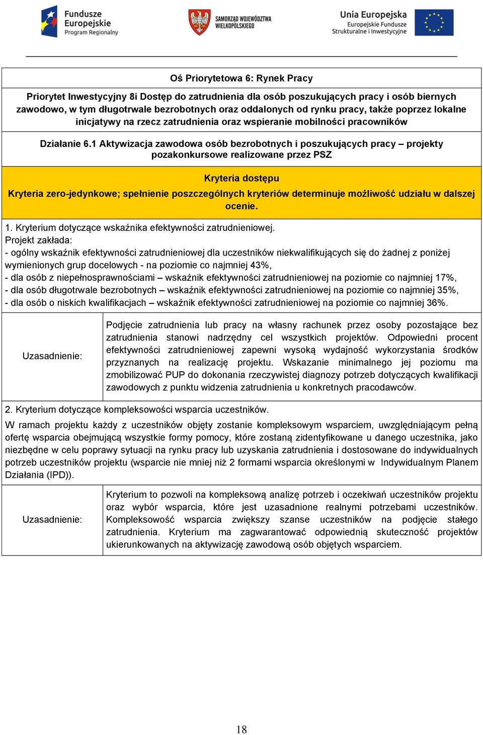 1 Aktywizacja zawodowa osób bezrobotnych i poszukujących pracy projekty pozakonkursowe realizowane przez PSZ Kryteria dostępu Kryteria zero-jedynkowe; spełnienie poszczególnych kryteriów determinuje