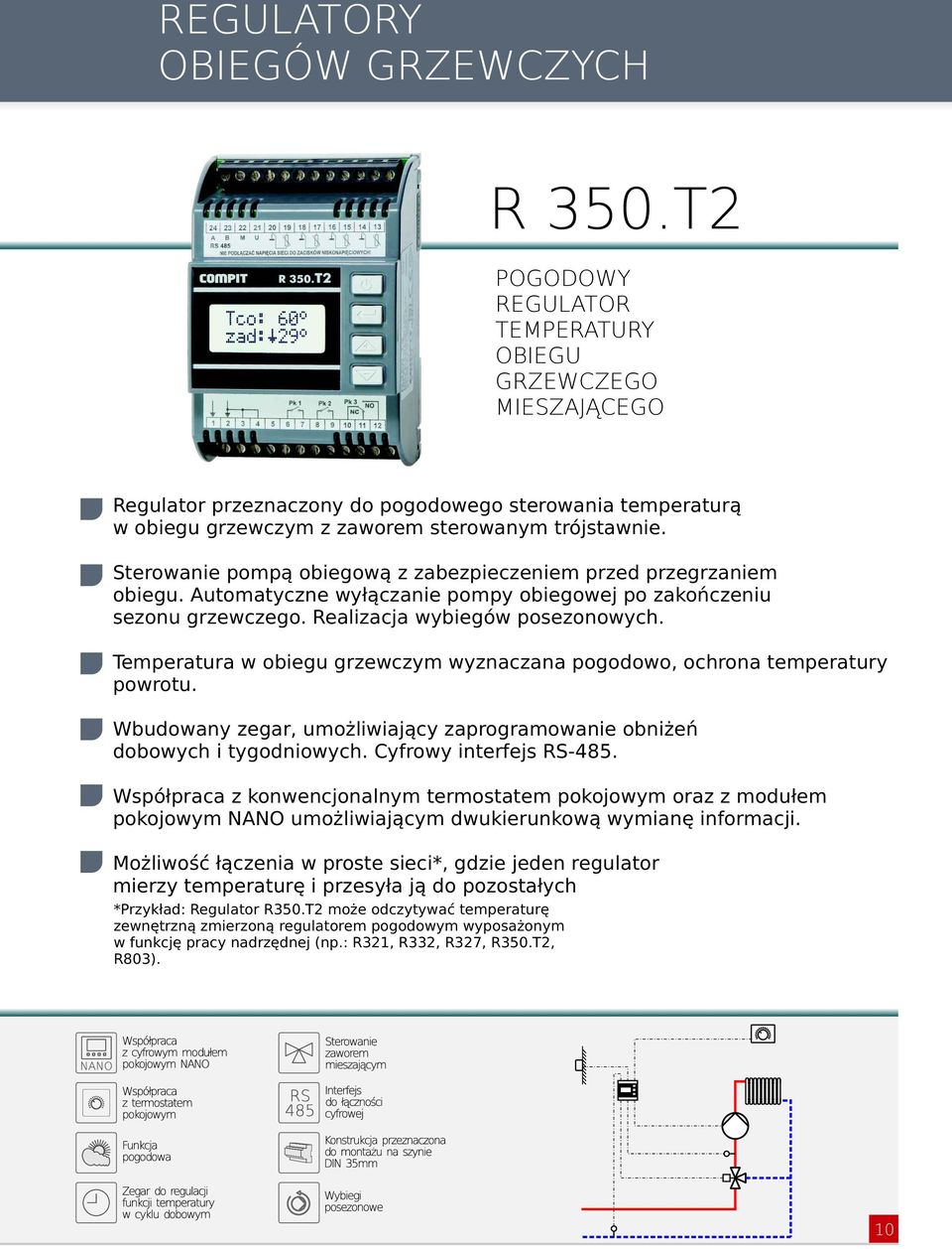 Temperatura w obiegu grzewczym wyznaczana pogodowo, ochrona temperatury powrotu. Wbudowany zegar, umożliwiający zaprogramowanie obniżeń dobowych i tygodniowych. Cyfrowy interfejs RS-485.