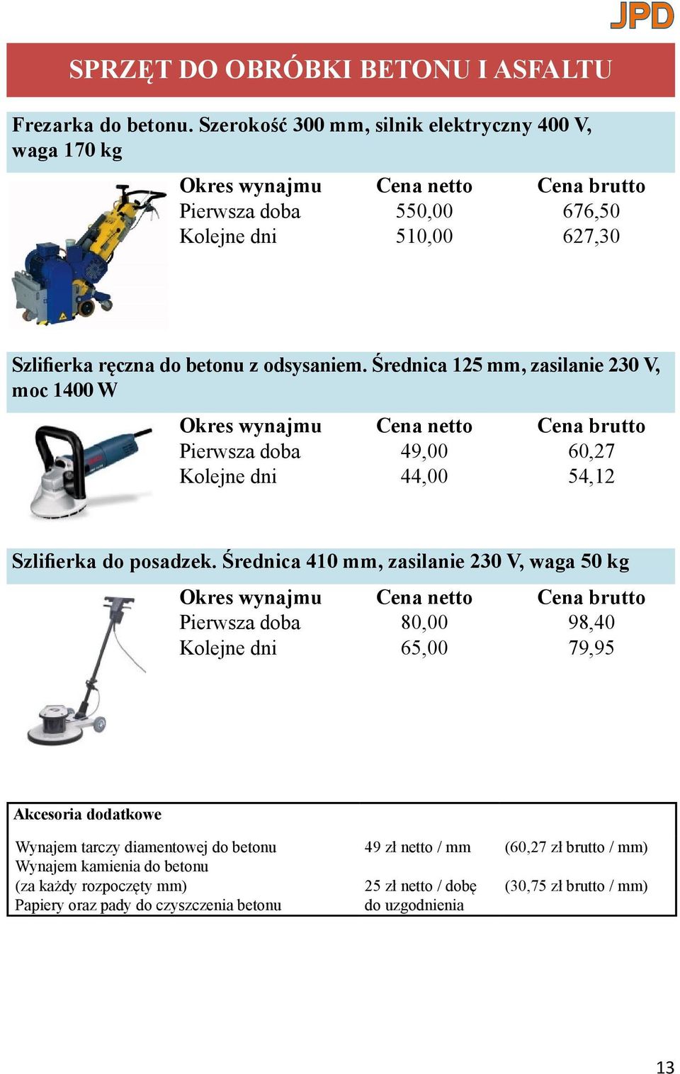 Średnica 125 mm, zasilanie 230 V, moc 1400 W Pierwsza doba 49,00 60,27 Kolejne dni 44,00 54,12 Szlifierka do posadzek.