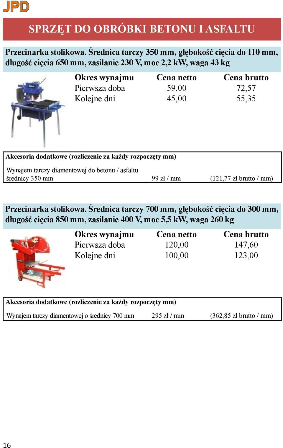 dodatkowe (rozliczenie za każdy rozpoczęty mm) Wynajem tarczy diamentowej do betonu / asfaltu średnicy 350 mm 99 zł / mm (121,77 zł brutto / mm) Przecinarka stolikowa.