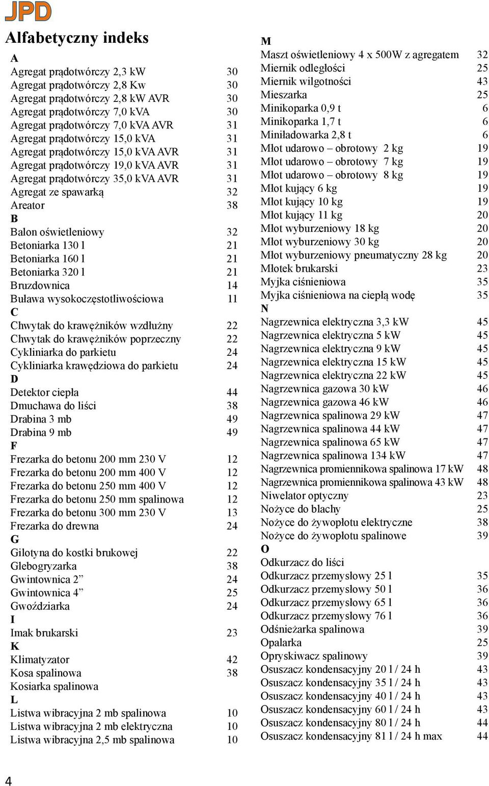 Betoniarka 320 l Bruzdownica Buława wysokoczęstotliwościowa C Chwytak do krawężników wzdłużny Chwytak do krawężników poprzeczny Cykliniarka do parkietu Cykliniarka krawędziowa do parkietu D Detektor