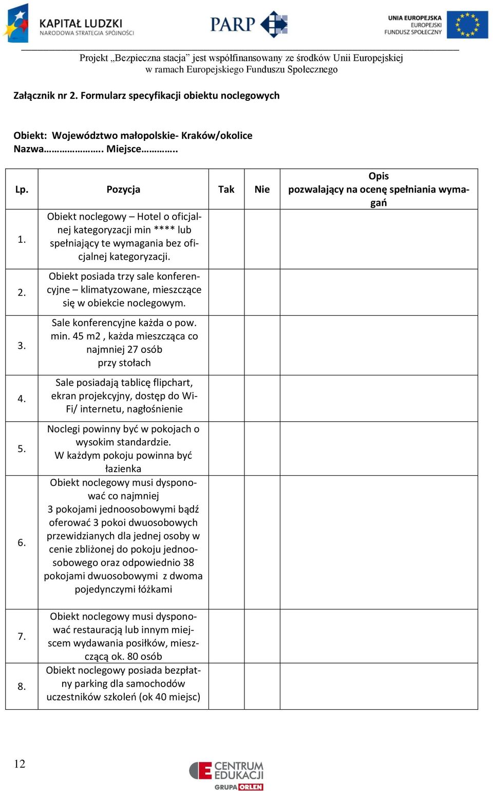 Obiekt posiada trzy sale konferencyjne klimatyzowane, mieszczące się w obiekcie noclegowym. Sale konferencyjne każda o pow. min.