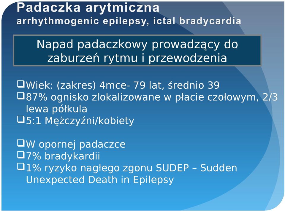 czołowym, 2/3 lewa półkula 5:1 Mężczyźni/kobiety W opornej padaczce 7%