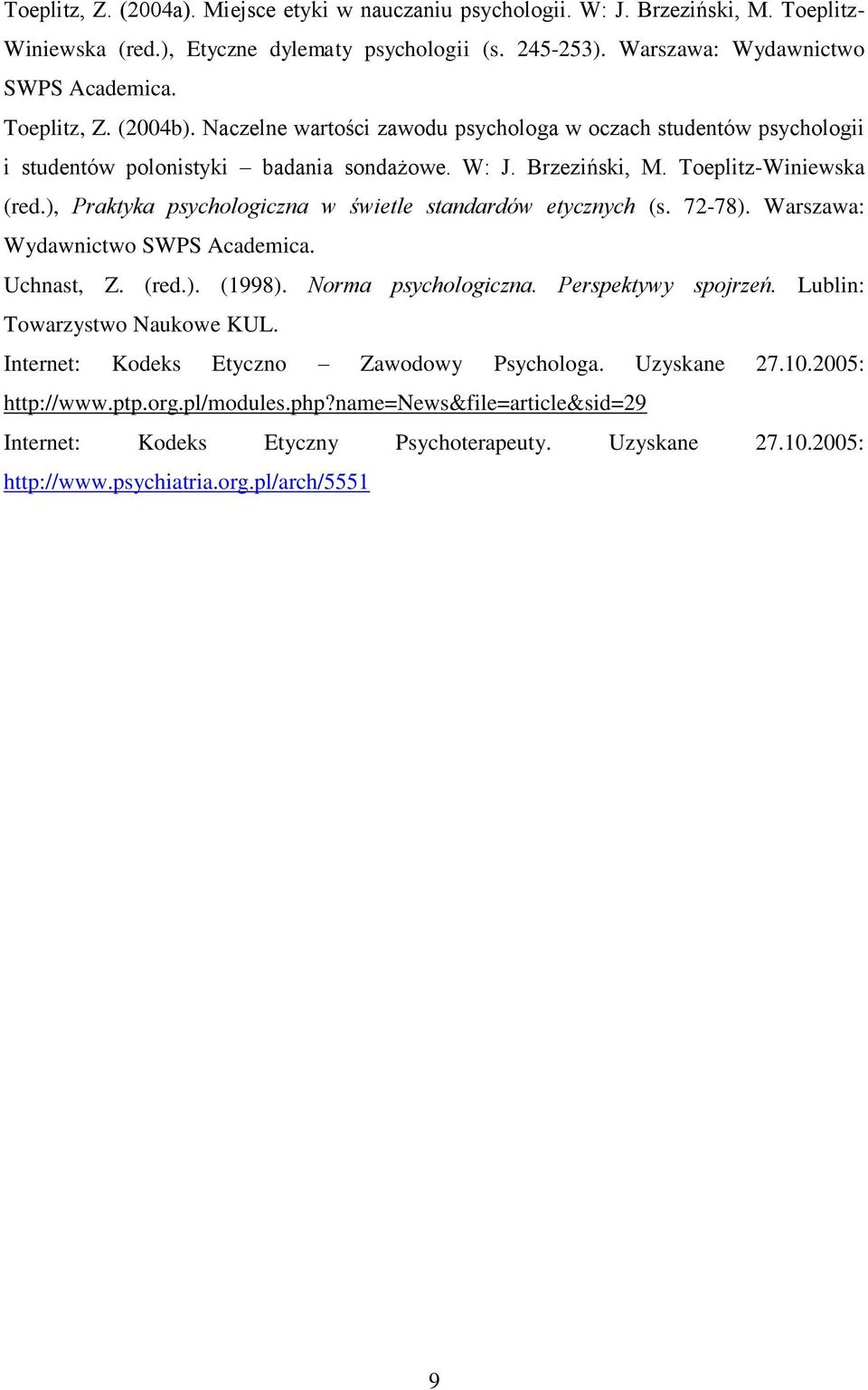 ), Praktyka psychologiczna w świetle standardów etycznych (s. 72-78). Warszawa: Wydawnictwo SWPS Academica. Uchnast, Z. (red.). (1998). Norma psychologiczna. Perspektywy spojrzeń.