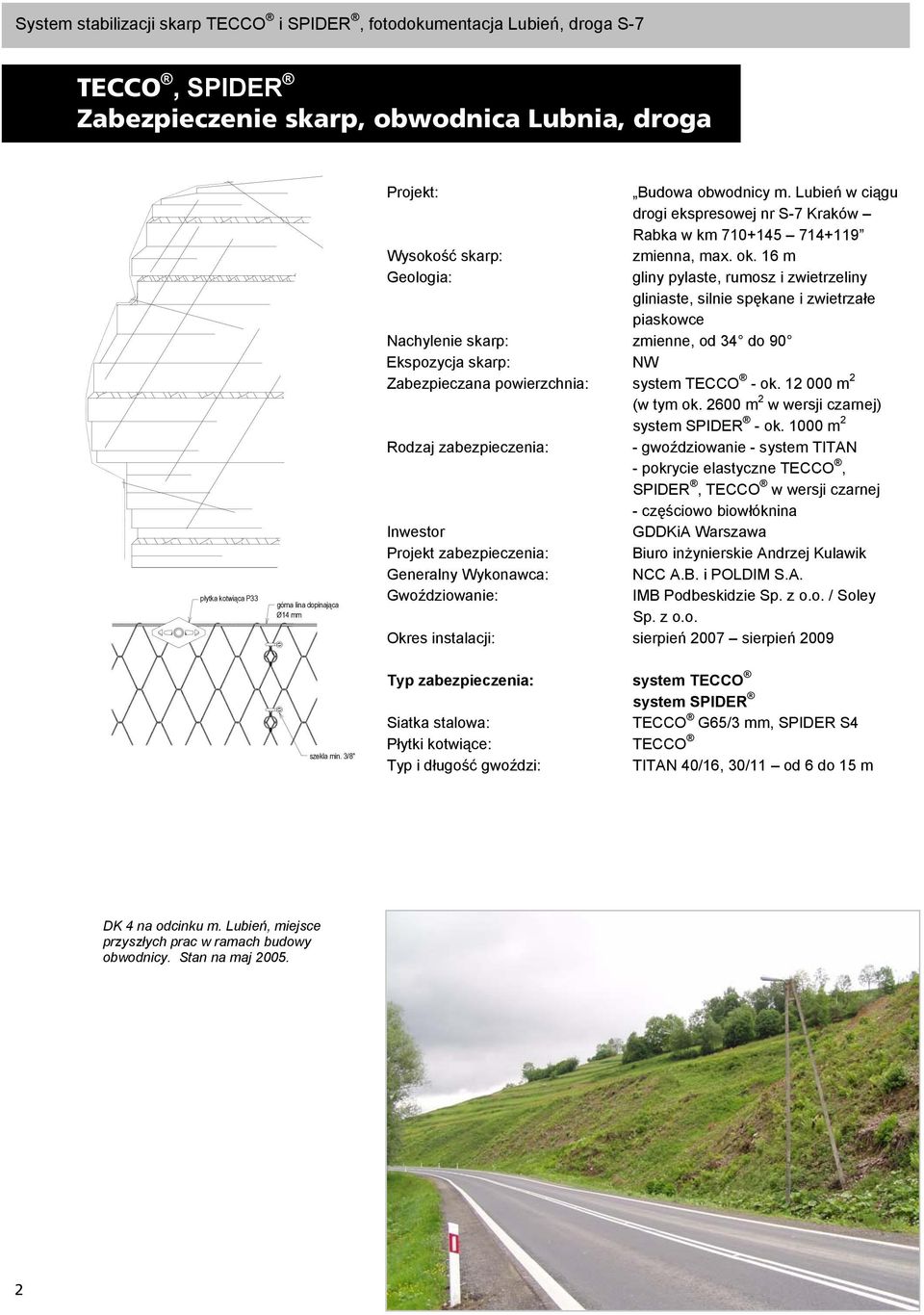 16 m Geologia: gliny pylaste, rumosz i zwietrzeliny gliniaste, silnie spękane i zwietrzałe piaskowce Nachylenie skarp: zmienne, od 34 do 90 Ekspozycja skarp: NW Zabezpieczana powierzchnia: system