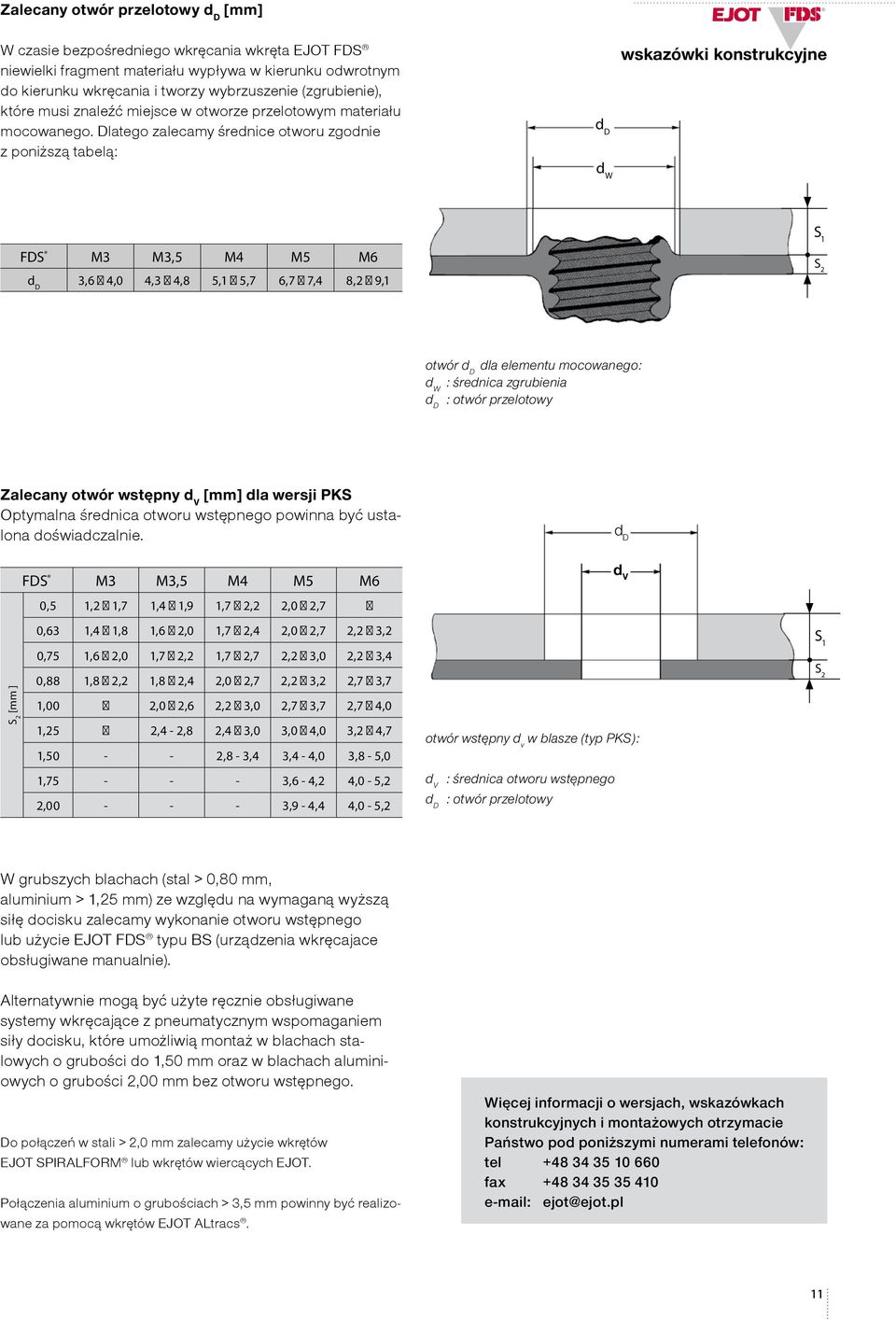 Datego zaecamy średnice otworu zgodnie z poniższą tabeą: d D d W wskazówki konstrukcyjne FDS M3 M3,5 M4 M5 M6 d D 3,6 4,0 4,3 4,8 5,1 5,7 6,7 7,4 8,2 9,1 S 1 S 2 otwór d D da eementu mocowanego: d W