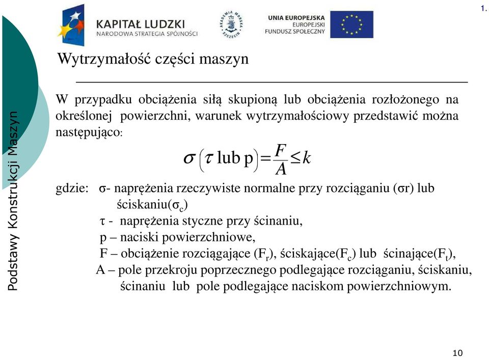 ściskaniu(σ c ) τ - naprężenia styczne przy ścinaniu, p naciski powierzchniowe, F obciążenie rozciągające (F r ), ściskające(f c ) lub