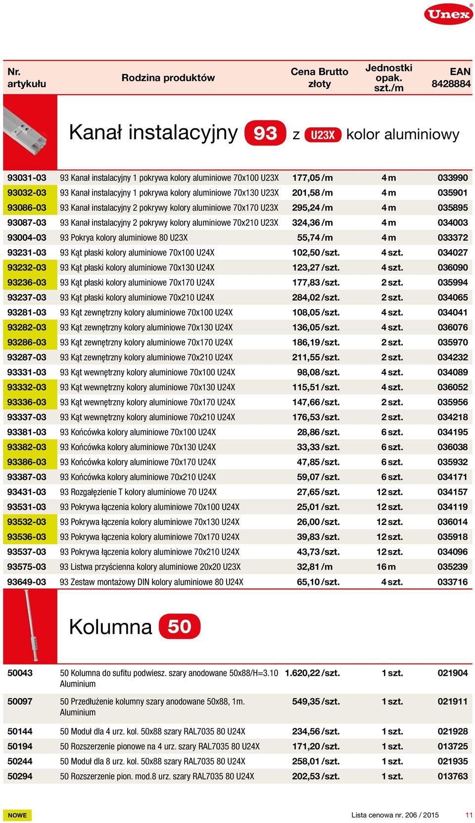 324,36 /m 4 m 034003 93004-03 93 Pokrya kolory aluminiowe 80 U23X 55,74 /m 4 m 033372 93231-03 93 Kąt płaski kolory aluminiowe 70x100 U24X 102,50 /szt. 4 szt.