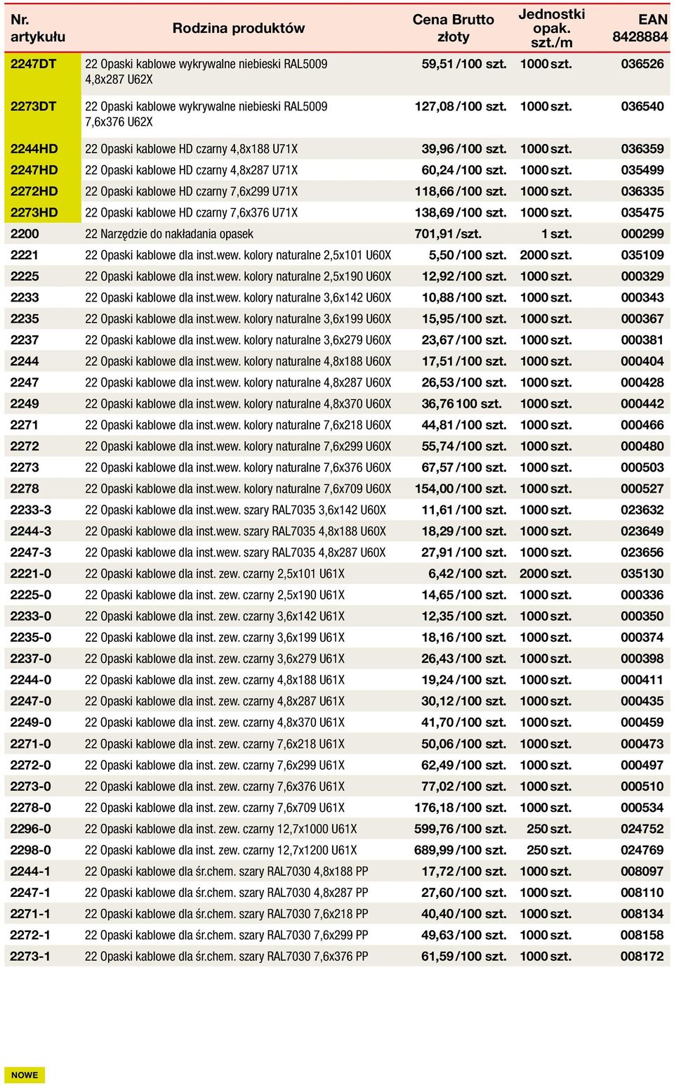 1000 szt. 036335 2273HD 22 Opaski kablowe HD czarny 7,6x376 U71X 138,69 /100 szt. 1000 szt. 035475 2200 22 Narzędzie do nakładania opasek 701,91 /szt. 1 szt. 000299 2221 22 Opaski kablowe dla inst.