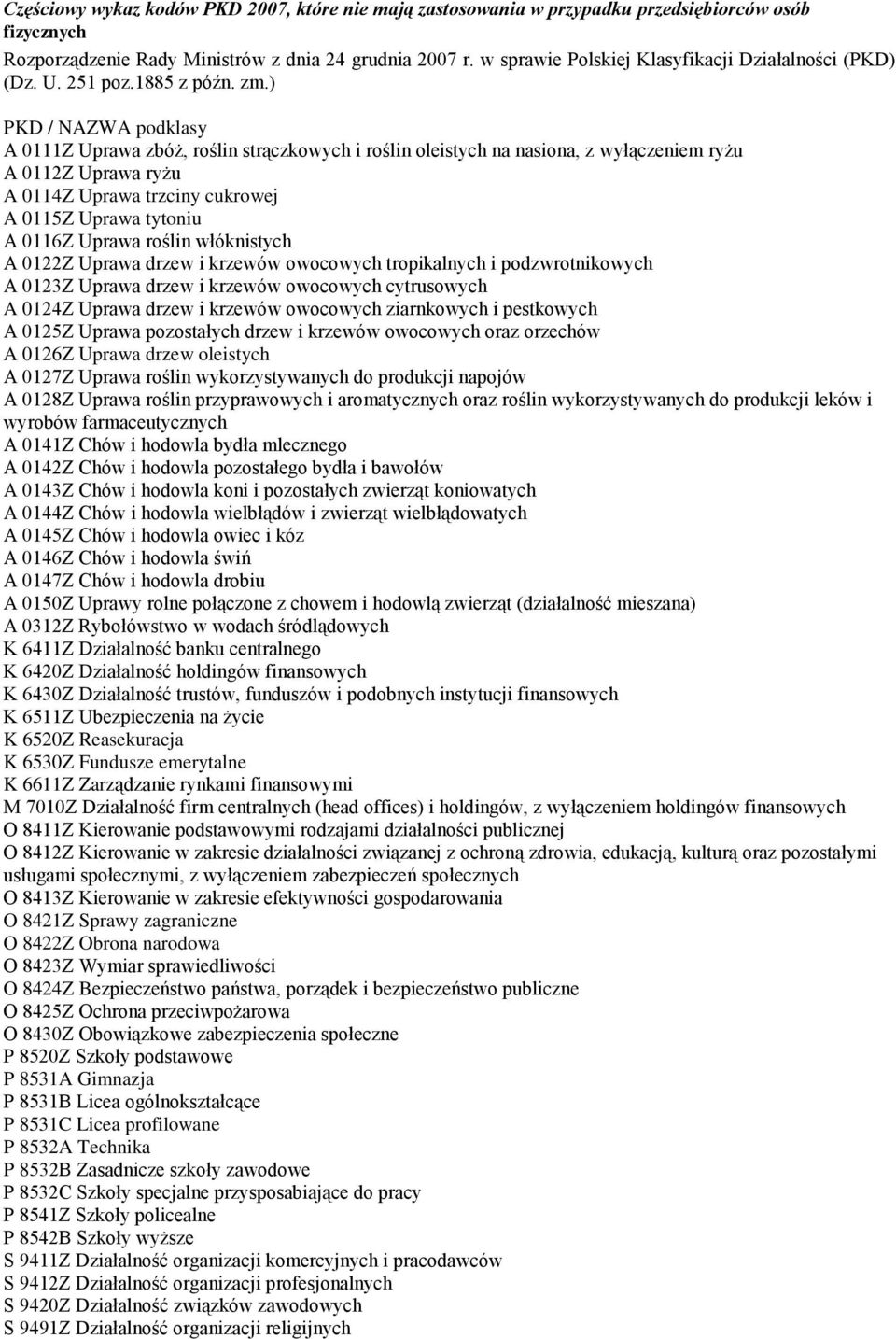 ) PKD / NAZWA podklasy A 0111Z Uprawa zbóż, roślin strączkowych i roślin oleistych na nasiona, z wyłączeniem ryżu A 0112Z Uprawa ryżu A 0114Z Uprawa trzciny cukrowej A 0115Z Uprawa tytoniu A 0116Z