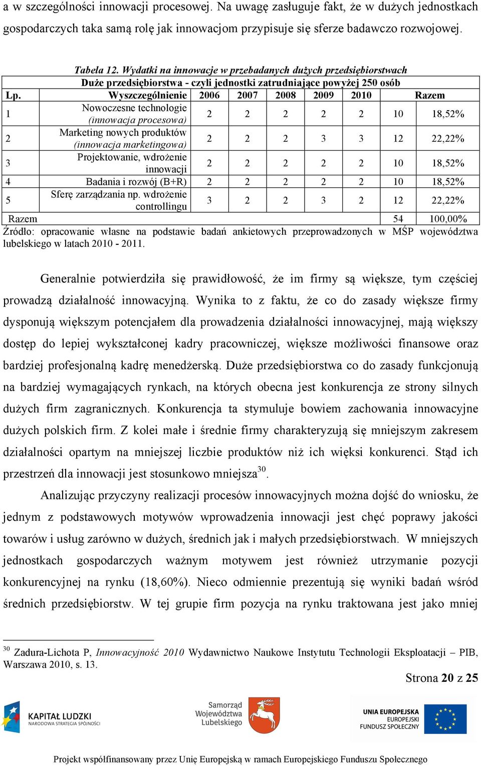 Wyszczególnienie 2006 2007 2008 2009 2010 Razem 1 Nowoczesne technologie (innowacja procesowa) 2 2 2 2 2 10 18,52% 2 Marketing nowych produktów (innowacja marketingowa) 2 2 2 3 3 12 22,22% 3