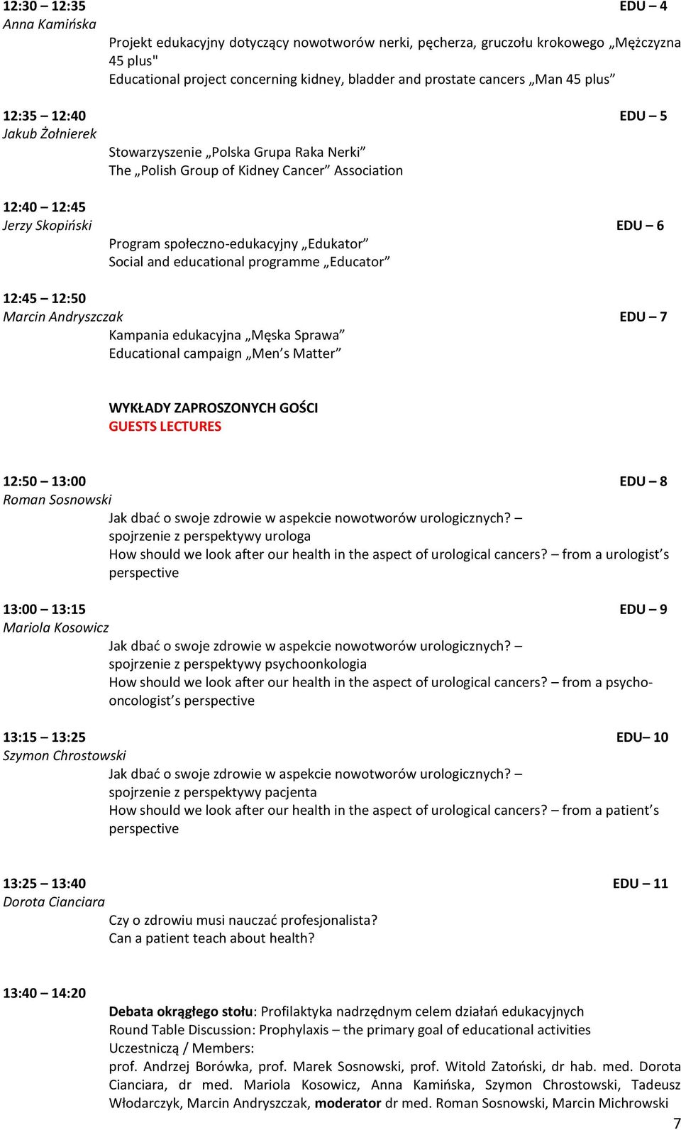 Social and educational programme Educator 12:45 12:50 Marcin Andryszczak EDU 7 Kampania edukacyjna Męska Sprawa Educational campaign Men s Matter WYKŁADY ZAPROSZONYCH GOŚCI GUESTS LECTURES 12:50