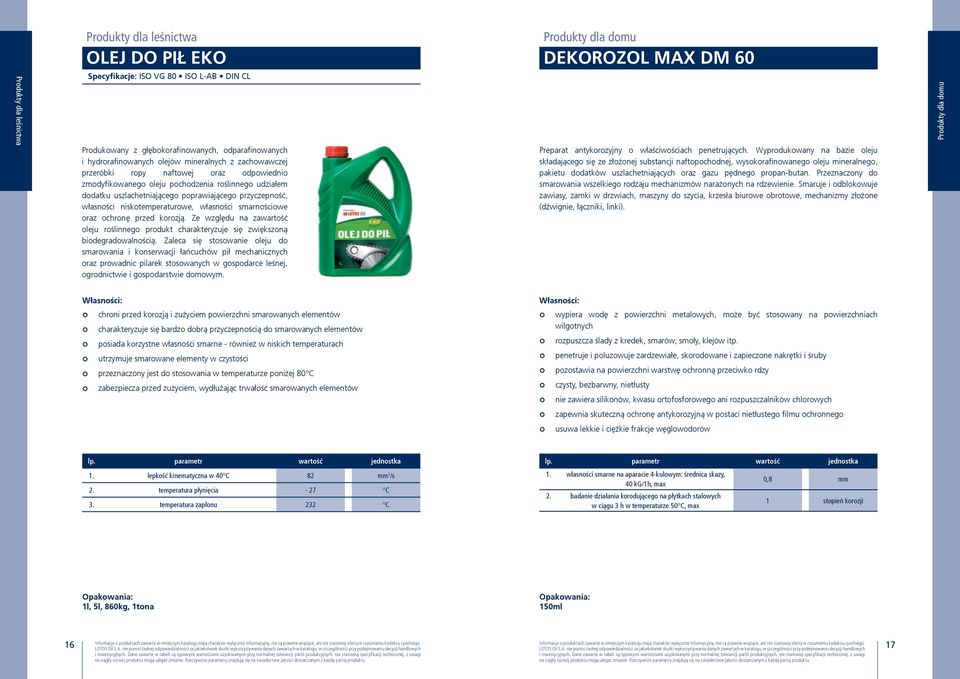 przyczepność, własności niskotemperaturowe, własności smarnościowe oraz ochronę przed korozją. Ze względu na zawartość oleju roślinnego produkt charakteryzuje się zwiększoną biodegradowalnością.