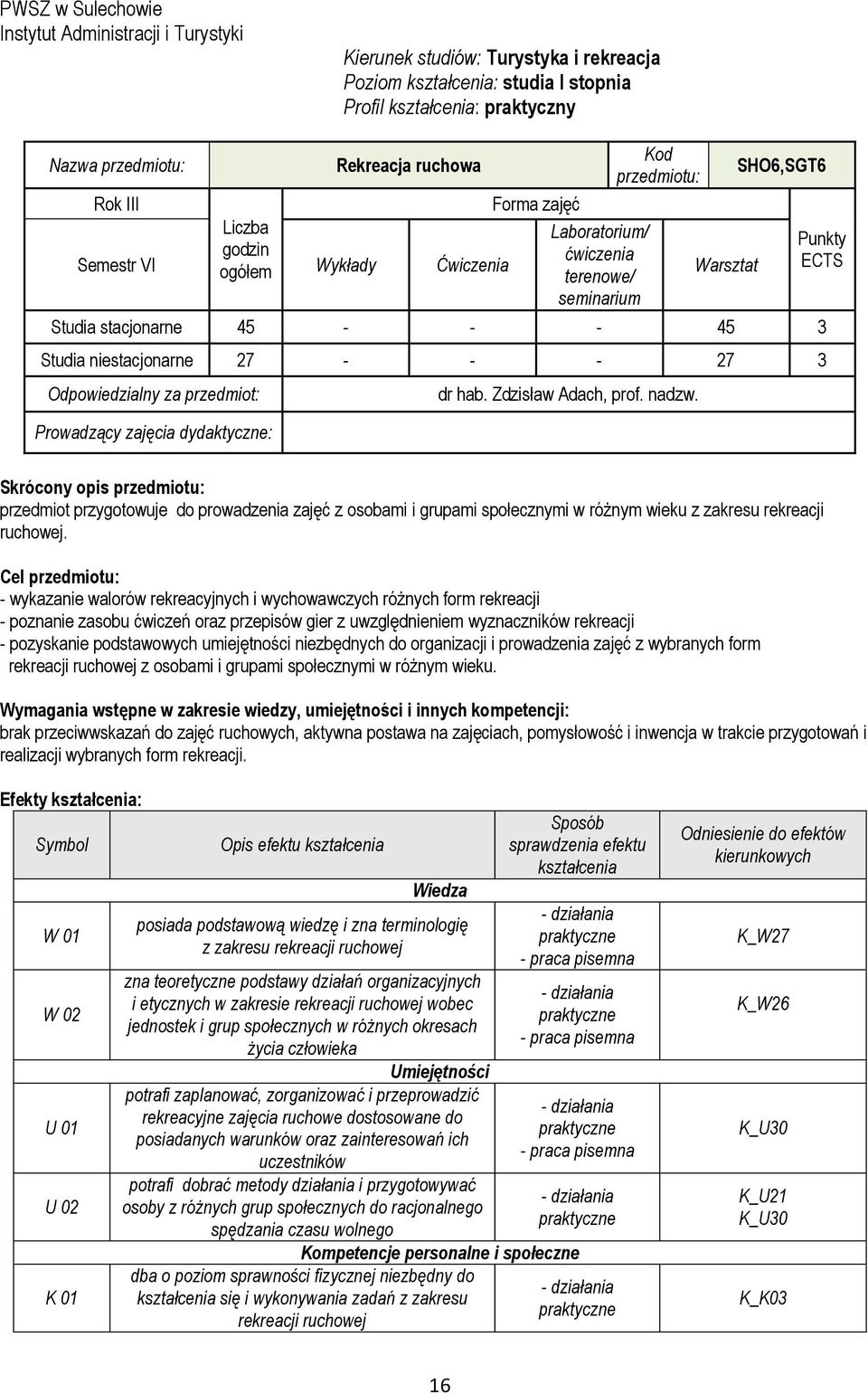 Studia niestacjonarne 27 - - - 27 3 Odpowiedzialny za przedmiot: Prowadzący zajęcia dydaktyczne: dr hab. Zdzisław Adach, prof. nadzw.