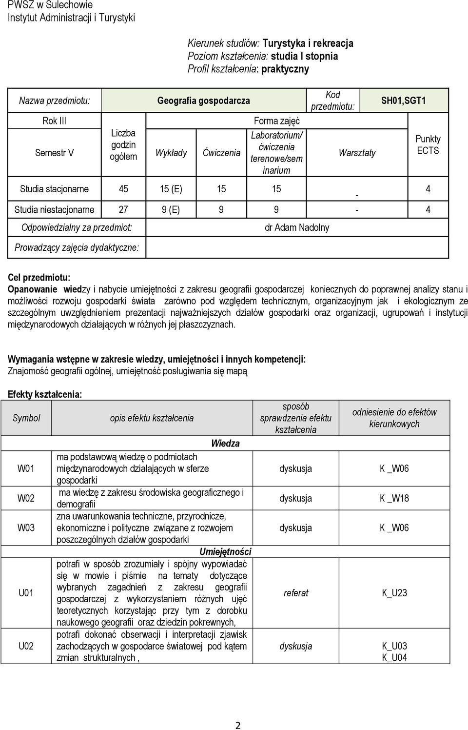 Studia niestacjonarne 27 9 (E) 9 9-4 Odpowiedzialny za przedmiot: Prowadzący zajęcia dydaktyczne: dr Adam Nadolny Punkty ECTS 4 Cel przedmiotu: Opanowanie wiedzy i nabycie umiejętności z zakresu