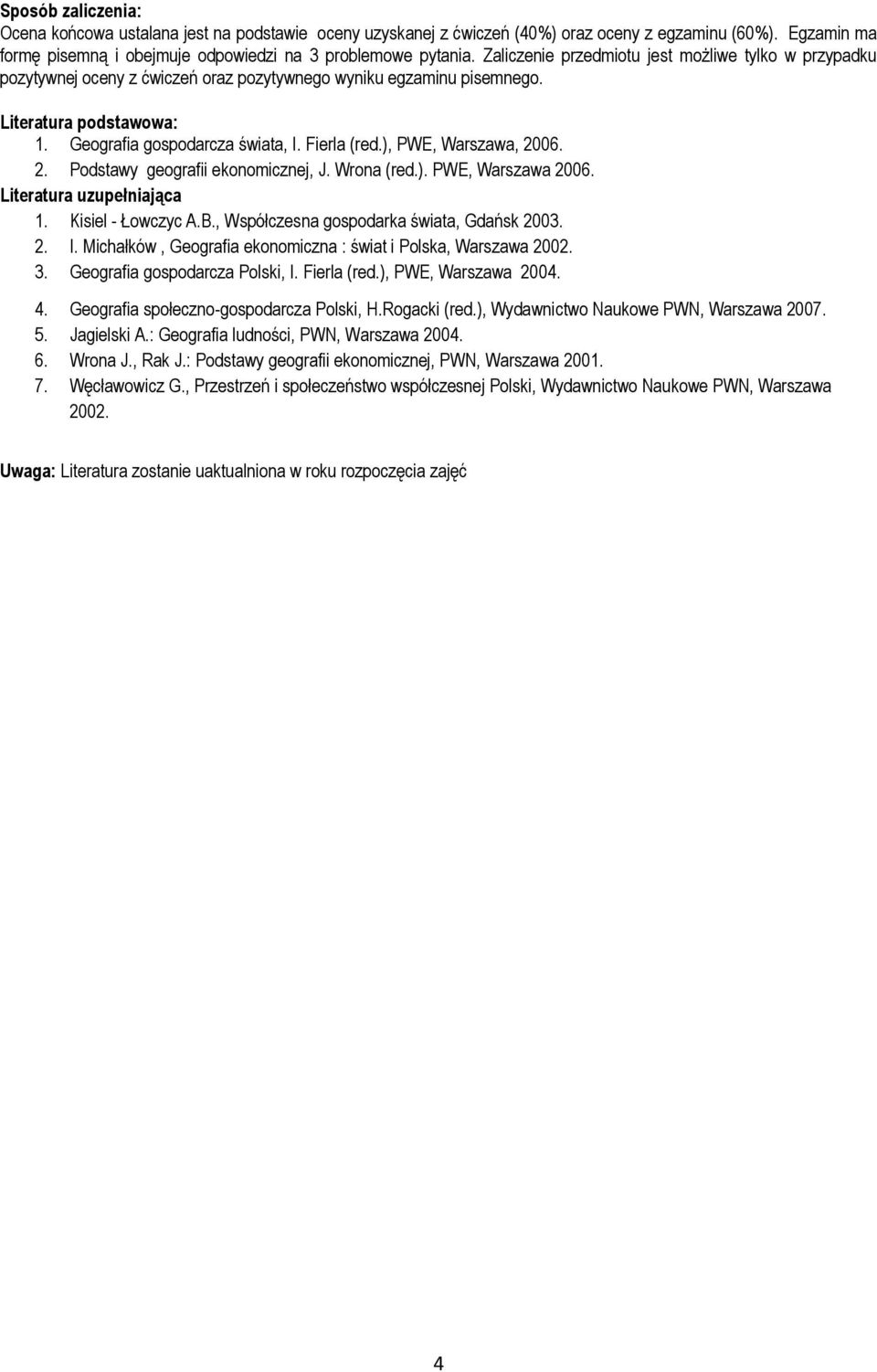 ), PWE, Warszawa, 2006. 2. Podstawy geografii ekonomicznej, J. Wrona (red.). PWE, Warszawa 2006. Literatura uzupełniająca 1. Kisiel - Łowczyc A.B., Współczesna gospodarka świata, Gdańsk 2003. 2. I.