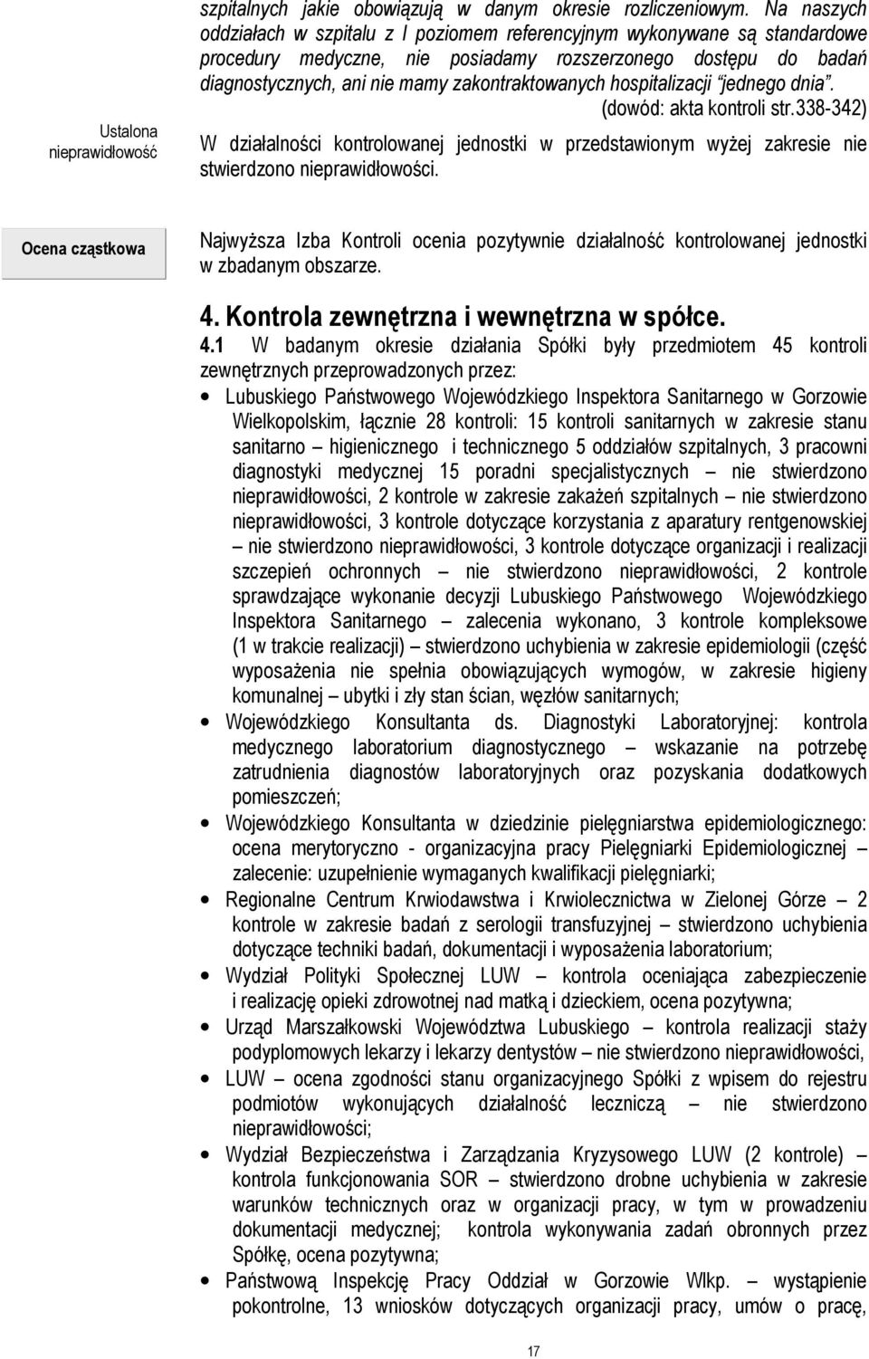 hospitalizacji jednego dnia. (dowód: akta kontroli str.338-342) W działalności kontrolowanej jednostki w przedstawionym wyżej zakresie nie stwierdzono nieprawidłowości.