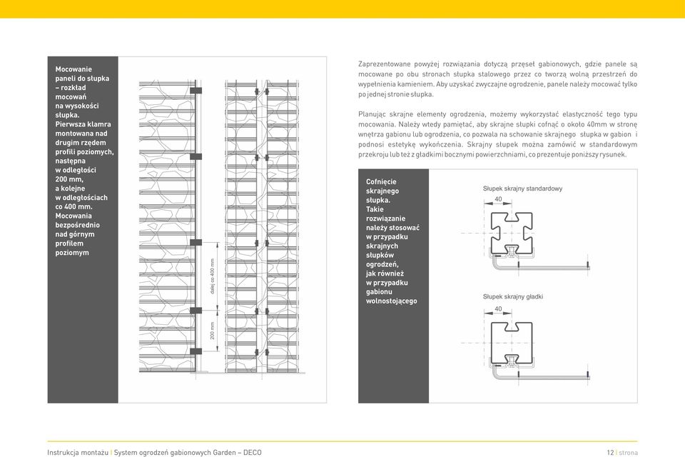 tworzą wolną przestrzeń do wypełnienia kamieniem. Aby uzyskać zwyczajne ogrodzenie, panele należy mocować tylko po jednej stronie słupka.