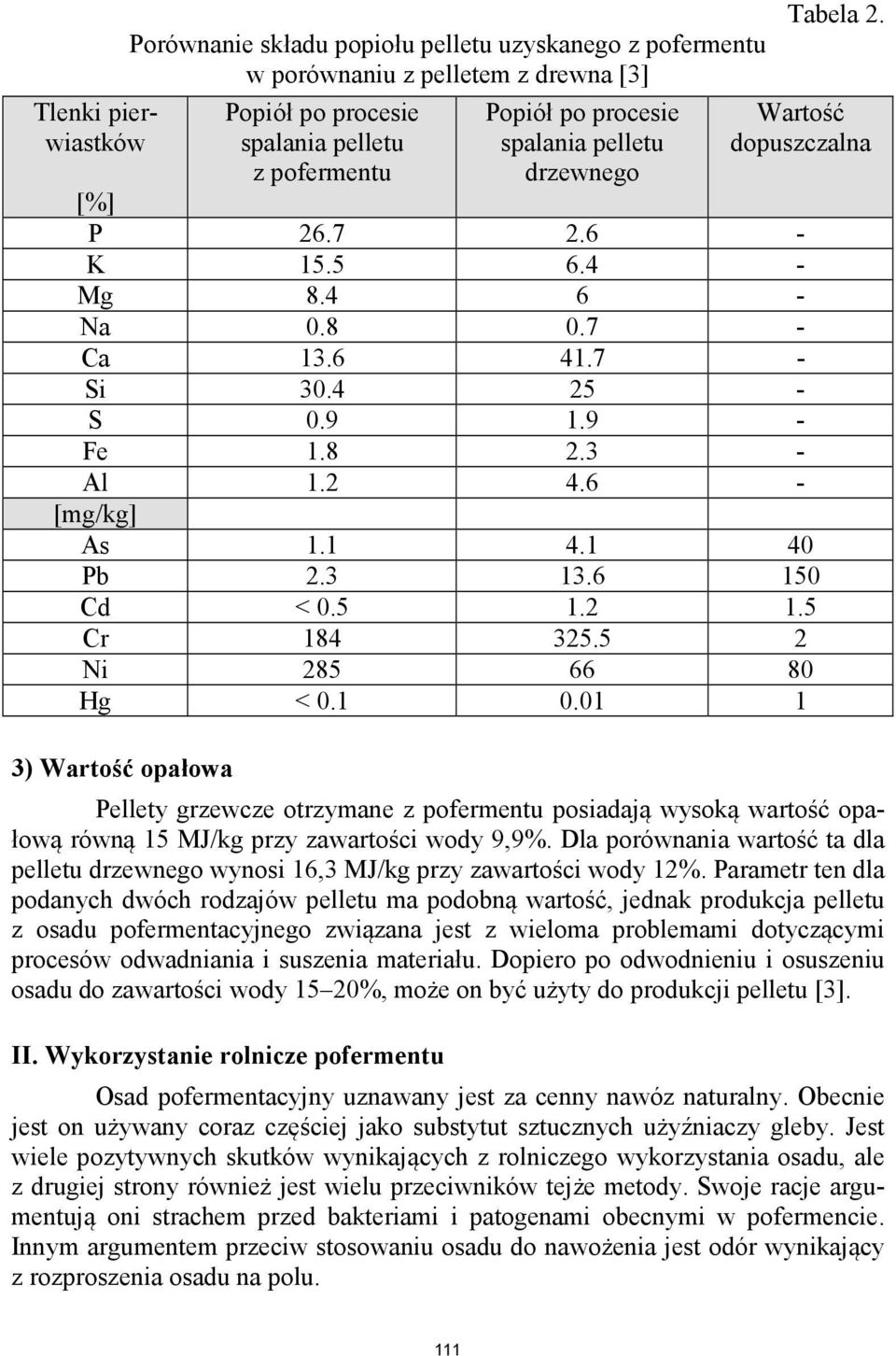 6 150 Cd < 0.5 1.2 1.5 Cr 184 325.5 2 Ni 285 66 80 Hg < 0.1 0.01 1 3) Wartość opałowa Pellety grzewcze otrzymane z pofermentu posiadają wysoką wartość opałową równą 15 MJ/kg przy zawartości wody 9,9%.