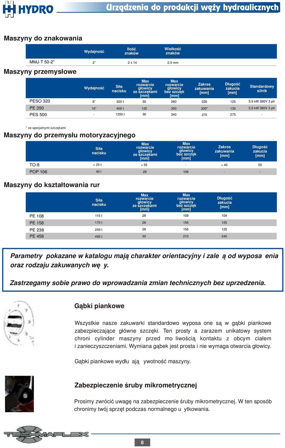 380V 3 ph - * ze specjalnymi szczękami Maszyny do przemysłu motoryzacyjnego TO-8 POP 106 Siła nacisku 25 t 40 t Max rozwarcie głowicy ze szczękami [mm] 55 28 Max rozwarcie głowicy bez szczęk [mm] -