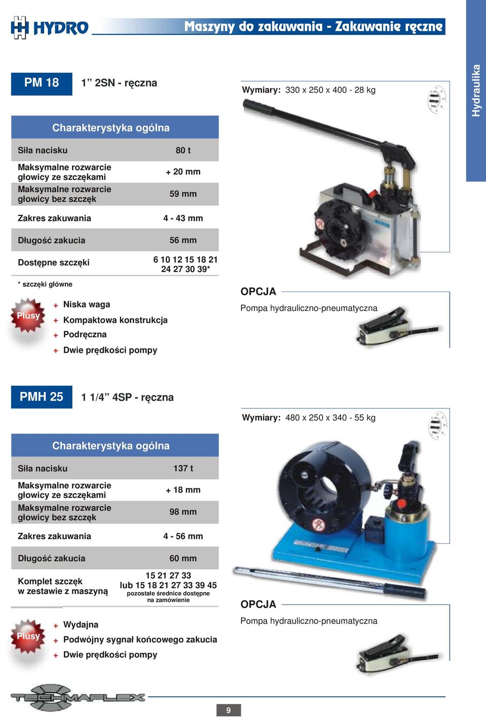 Wymiary: 480 x 250 x 340-55 kg Siła nacisku głowicy ze szczękami Zakres zakuwania Długość zakucia Komplet szczęk w zestawie z maszyną 137 t 18 mm 98 mm 4-56 mm 60 mm 15 21 27