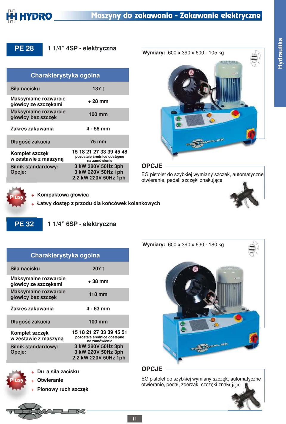 automatyczne otwieranie, pedał, szczęki znakujące Plusy Kompaktowa głowica Łatwy dostęp z przodu dla końcówek kolankowych PE 32 1 1/4 6SP - elektryczna Wymiary: 600 x 390 x 630-180 kg Siła nacisku