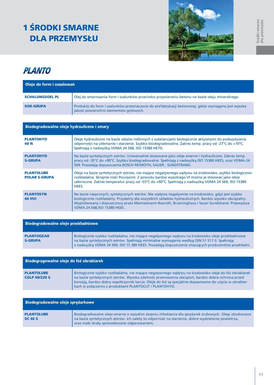 Biodegradowalne oleje hydrauliczne i smary PLANTOHYD 40 N PLANTOHYD S-GRUPA PLANTOLUBE POLAR S-GRUPA PLANTOSYN 46 HVI Oleje hydrauliczne na bazie olejów roêlinnych z substancjami biologicznie