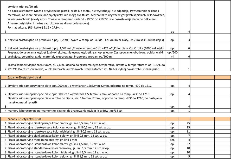 Trwałe w temperaturach od - 196 C do +100 C. Nie pozostawiają śladu po odklejeniu. Arkusze z etykietami można zadrukować na drukarce laserowej. Format arkusza (US- Letter) 21,6 x 27,9 cm.