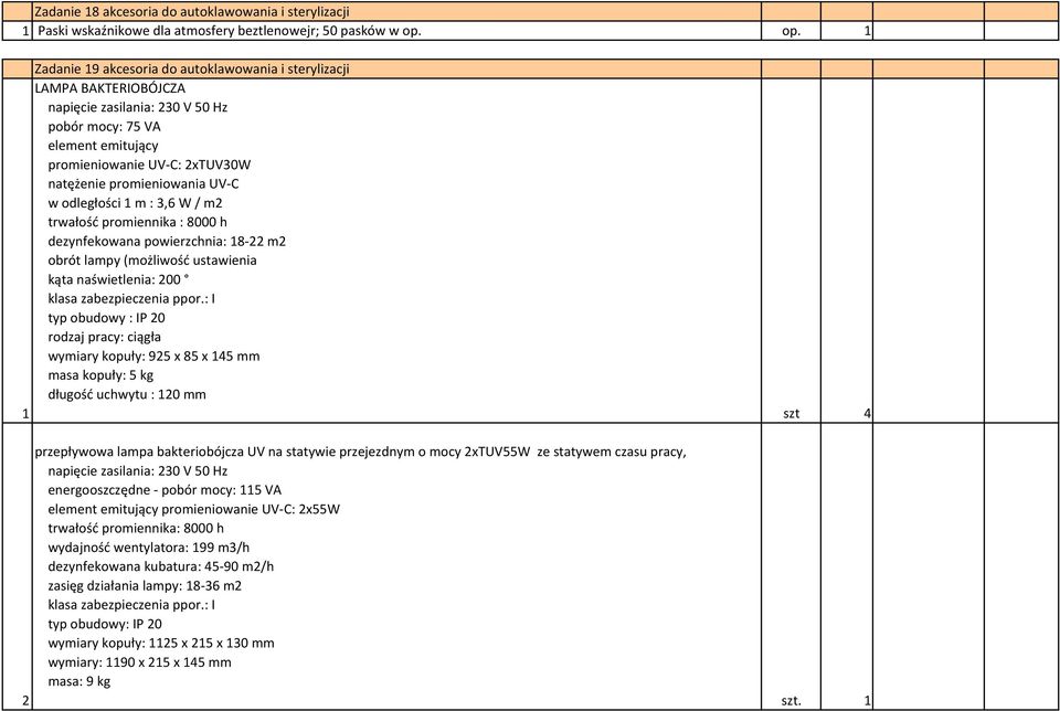 promieniowania UV-C w odległości 1 m : 3,6 W / m2 trwałość promiennika : 8000 h dezynfekowana powierzchnia: 18-22 m2 obrót lampy (możliwość ustawienia kąta naświetlenia: 200 klasa zabezpieczenia ppor.