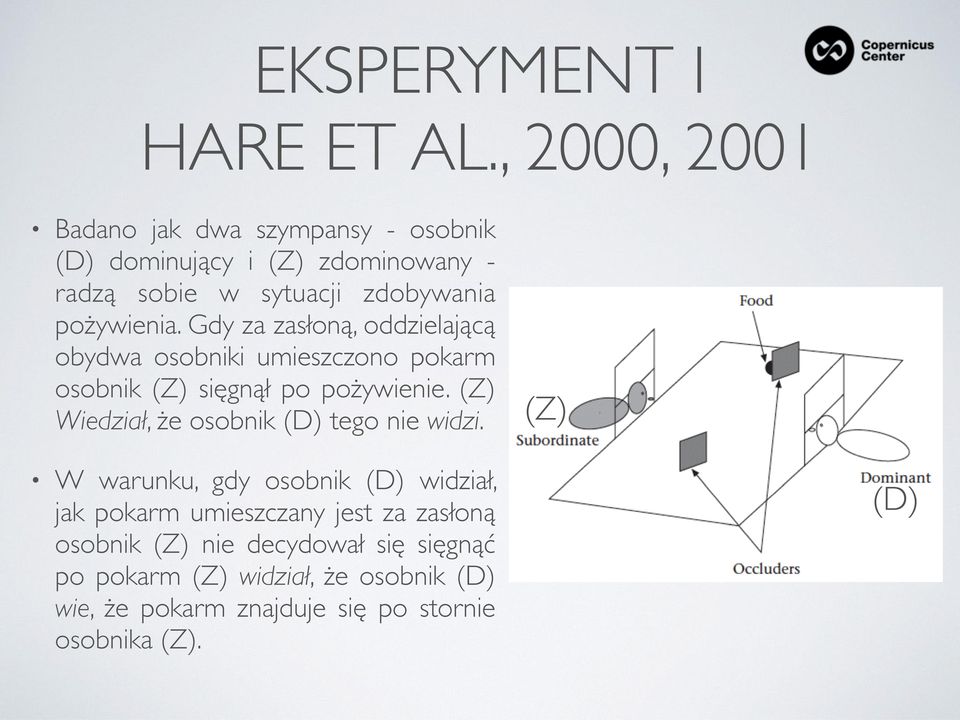 Gdy za zasłoną, oddzielającą obydwa osobniki umieszczono pokarm osobnik (Z) sięgnął po pożywienie.