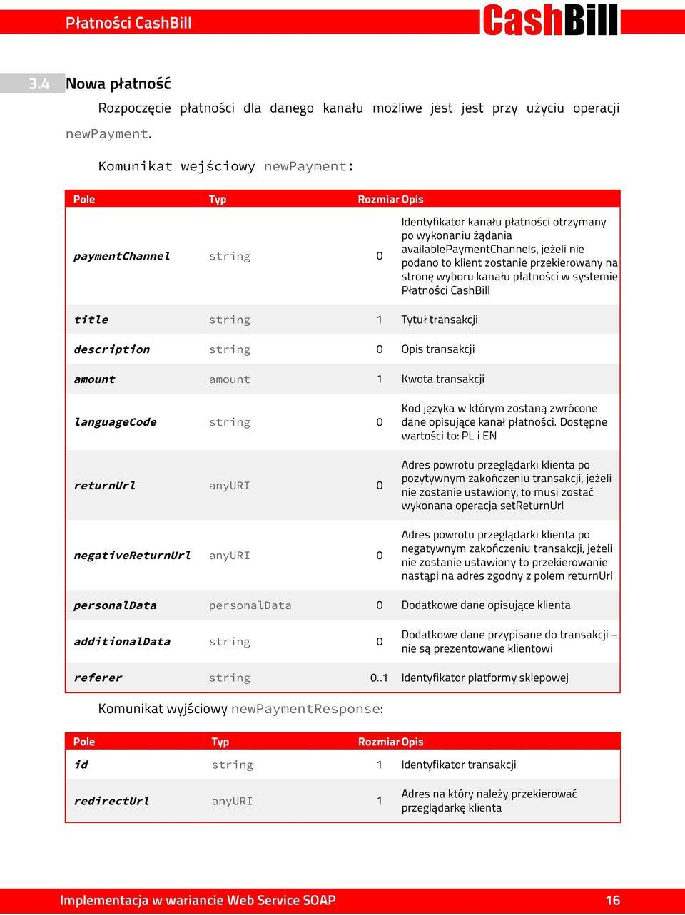 przekierowany na stronę wyboru kanału płatności w systemie Płatności CashBill title string 1 Tytuł transakcji description string 0 transakcji amount amount 1 Kwota transakcji languagecode string 0