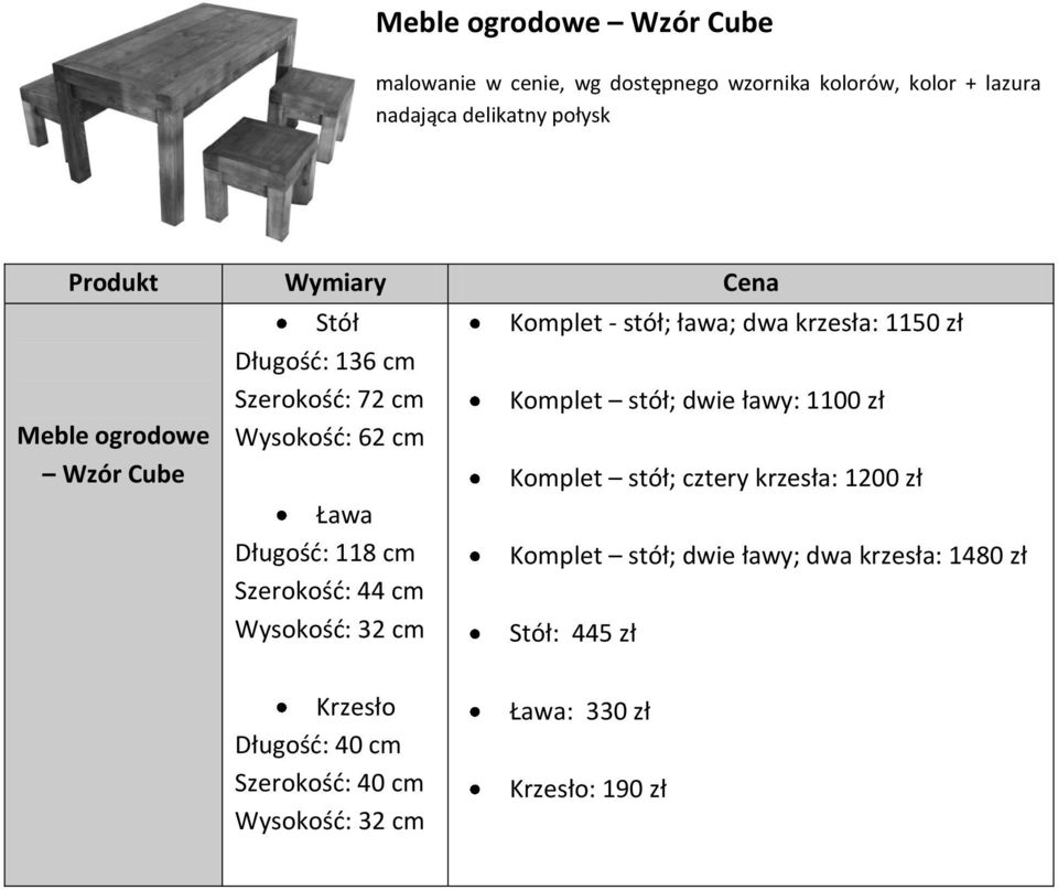 ława; dwa krzesła: 1150 zł Komplet stół; dwie ławy: 1100 zł Komplet stół; cztery krzesła: 1200 zł Komplet stół; dwie