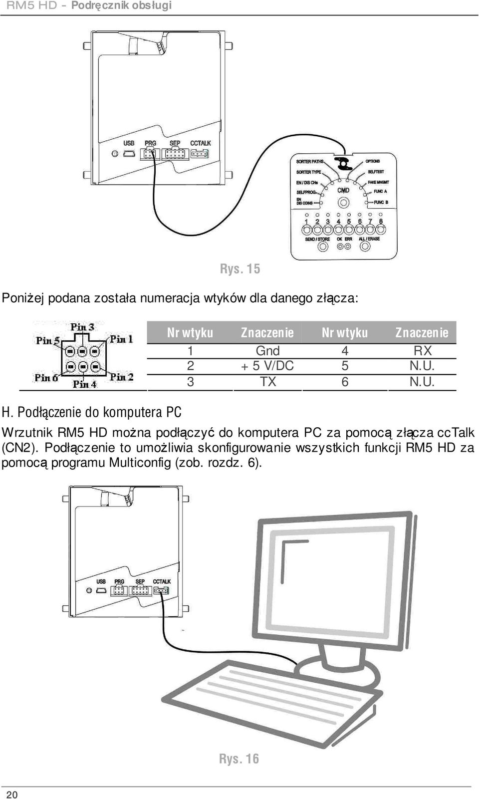 3 TX 6 N.U. Wrzutnik RM5 HD można podłączyć do komputera PC za pomocą złącza cctalk (CN2).