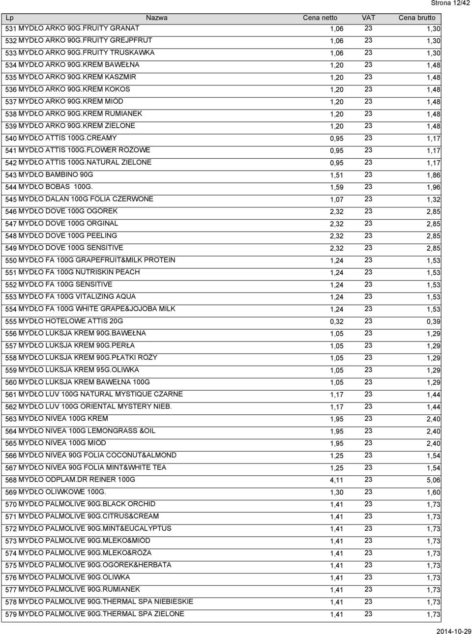 KREM RUMIANEK 23 1,20 1,48 539 MYDŁO ARKO 90G.KREM ZIELONE 23 1,20 1,48 540 MYDŁO ATTIS 100G.CREAMY 23 0,95 1,17 541 MYDŁO ATTIS 100G.FLOWER RÓŻOWE 23 0,95 1,17 542 MYDŁO ATTIS 100G.