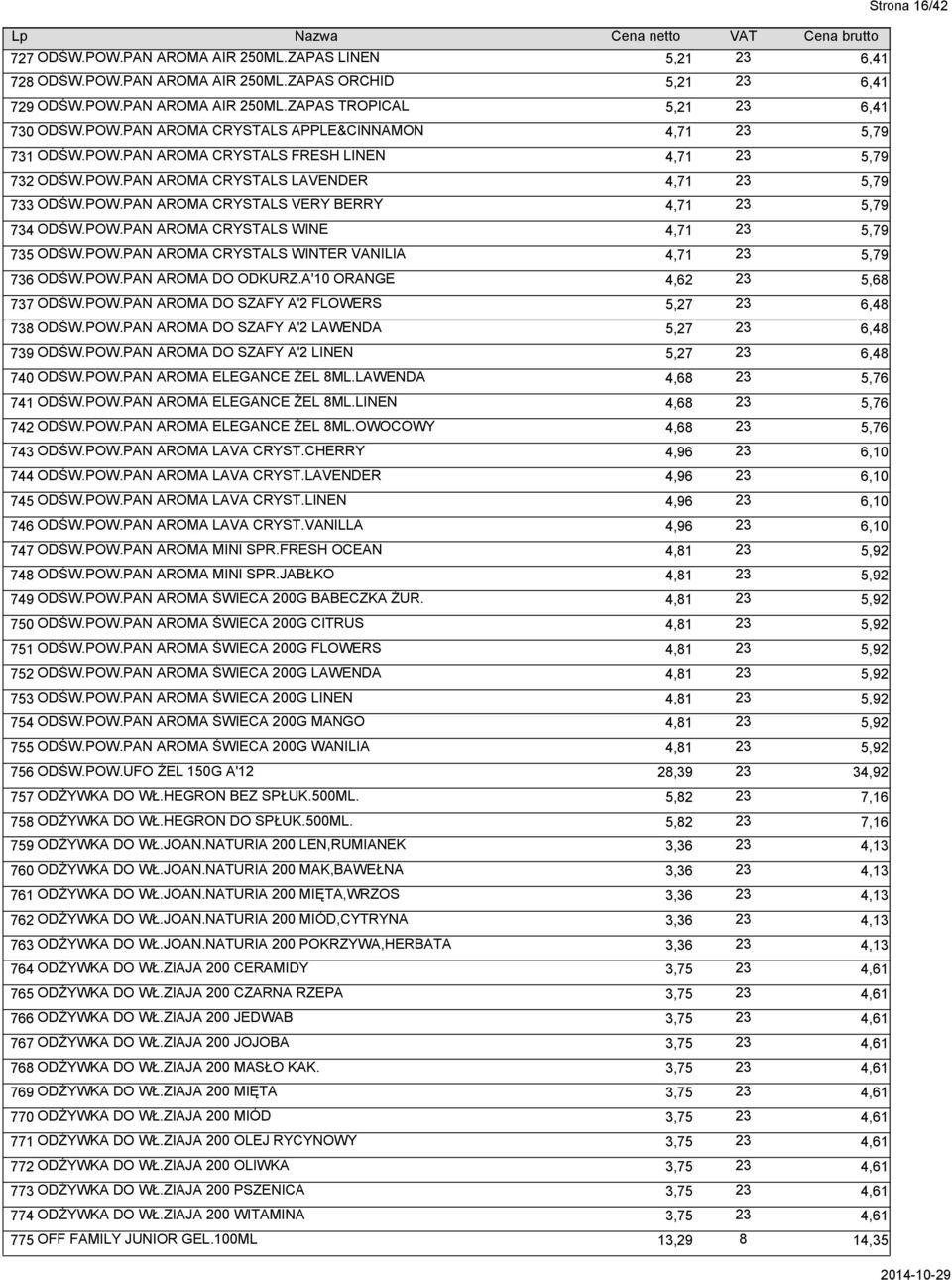 POW.PAN AROMA CRYSTALS WINTER VANILIA 23 4,71 5,79 736 ODŚW.POW.PAN AROMA DO ODKURZ.A'10 ORANGE 23 4,62 5,68 737 ODŚW.POW.PAN AROMA DO SZAFY A'2 FLOWERS 23 5,27 6,48 738 ODŚW.POW.PAN AROMA DO SZAFY A'2 LAWENDA 23 5,27 6,48 739 ODŚW.
