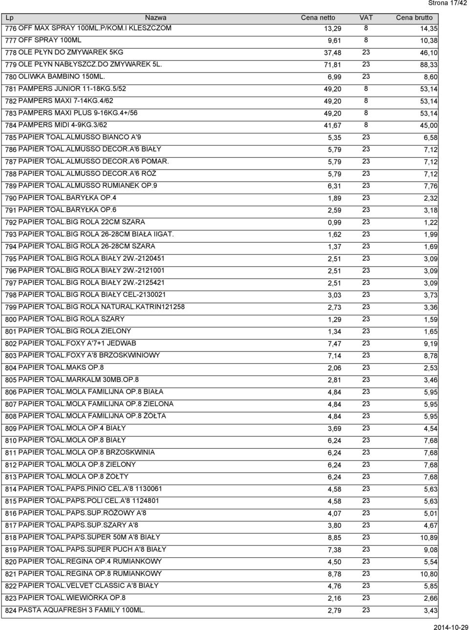4+/56 8 49,20 53,14 784 PAMPERS MIDI 4-9KG.3/62 8 41,67 45,00 785 PAPIER TOAL.ALMUSSO BIANCO A'9 23 5,35 6,58 786 PAPIER TOAL.ALMUSSO DECOR.A'6 BIAŁY 23 5,79 7,12 787 PAPIER TOAL.ALMUSSO DECOR.A'6 POMAR.