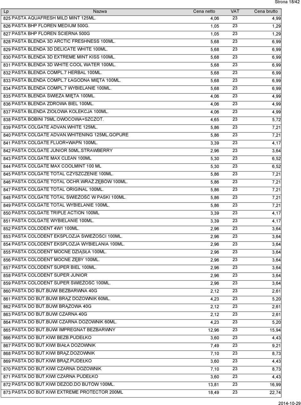 23 5,68 6,99 832 PASTA BLENDA COMPL.7 HERBAL 100ML. 23 5,68 6,99 833 PASTA BLENDA COMPL.7 ŁAGODNA MIĘTA 100ML. 23 5,68 6,99 834 PASTA BLENDA COMPL.7 WYBIELANIE 100ML.