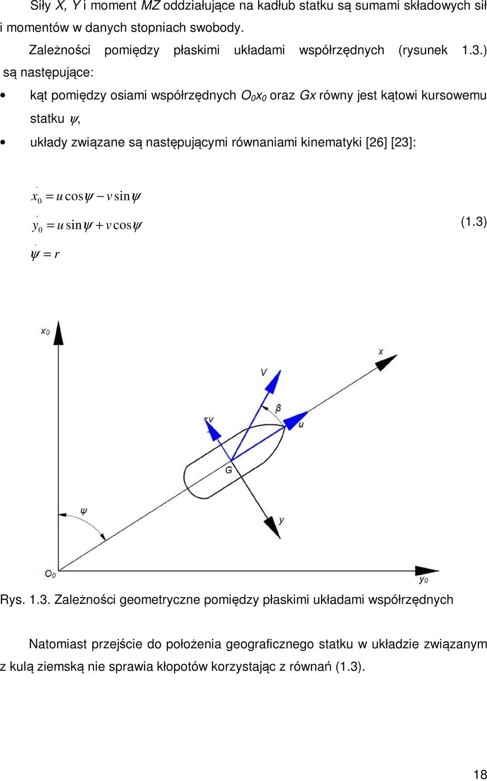 ) są następujące: kąt pomiędzy osiami współrzędnych O 0 x 0 oraz Gx równy jest kątowi kursowemu statku ψ, układy związane są następującymi równaniami