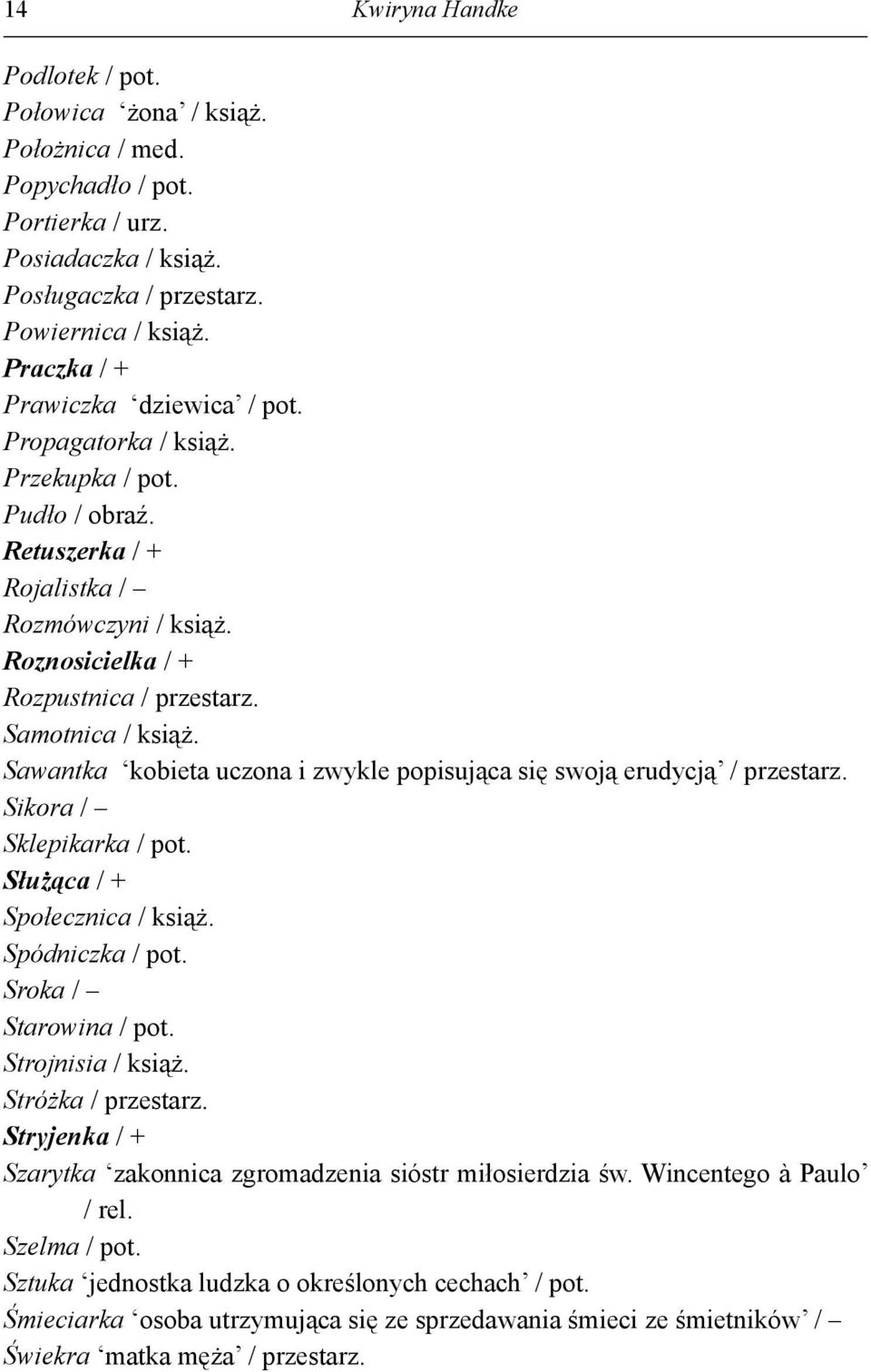 Samotnica / książ. Sawantka kobieta uczona i zwykle popisująca się swoją erudycją / przestarz. Sikora / Sklepikarka / pot. Służąca / + Społecznica / książ. Spódniczka / pot. Sroka / Starowina / pot.