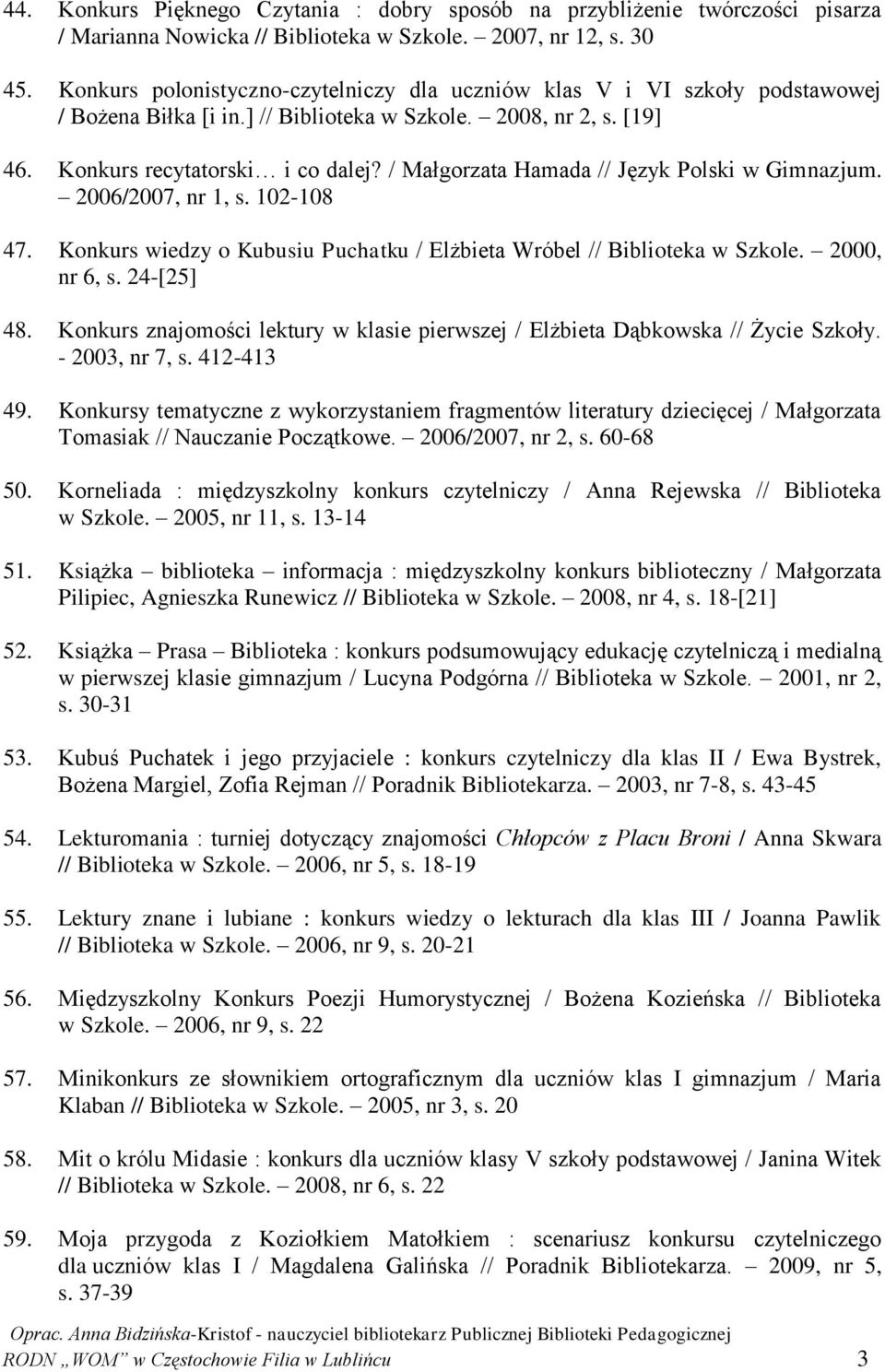 / Małgorzata Hamada // Język Polski w Gimnazjum. 2006/2007, nr 1, s. 102-108 47. Konkurs wiedzy o Kubusiu Puchatku / Elżbieta Wróbel // Biblioteka w Szkole. 2000, nr 6, s. 24-[25] 48.