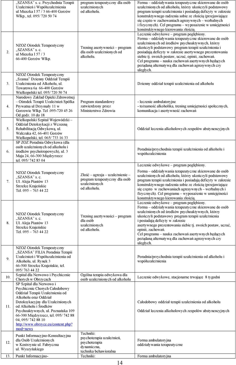 Towarowa 6a 66-400 Gorzów Wielkopolski tel. 095/ 720 50 74 Narodowy Zakład Opieki Zdrowotnej Ośrodek Terapii Uzależnień Spółka Prywatna ul Drzymały 11 w Gorzowie Wlkp. Tel.095-720 45 26 Od godz.