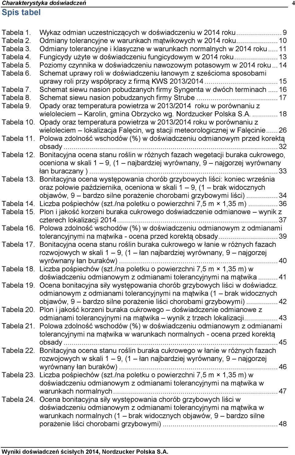 Poziomy czynnika w doświadczeniu nawozowym potasowym w 2014 roku... 14 Tabela 6. Schemat uprawy roli w doświadczeniu łanowym z sześcioma sposobami uprawy roli przy współpracy z firmą KWS 2013/2014.