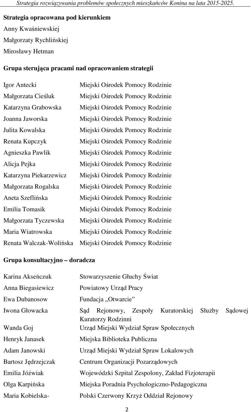 Renata Kupczyk Miejski Ośrodek Pomocy Rodzinie Agnieszka Pawlik Miejski Ośrodek Pomocy Rodzinie Alicja Pejka Miejski Ośrodek Pomocy Rodzinie Katarzyna Piekarzewicz Miejski Ośrodek Pomocy Rodzinie