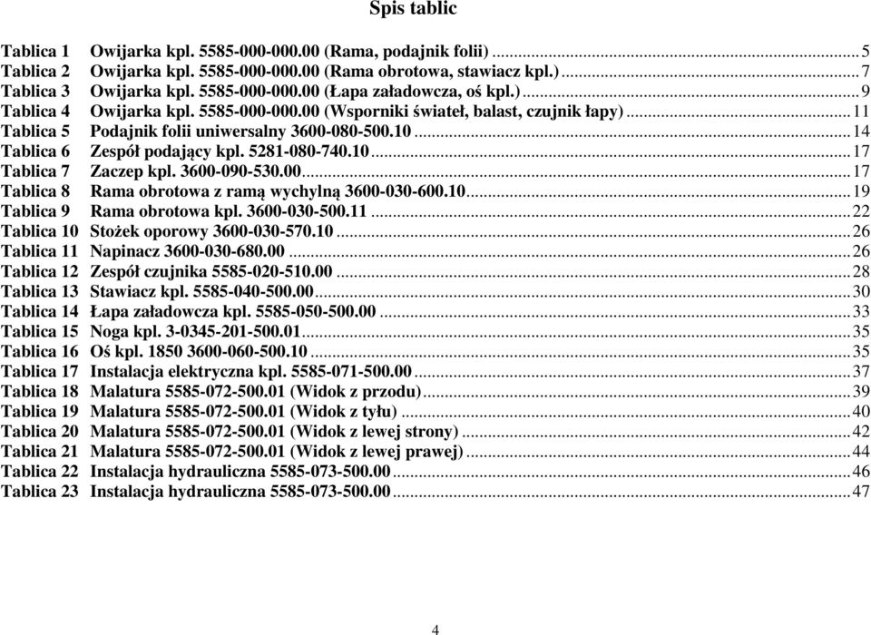 3600-090-530.00...17 Tablica 8 Rama obrotowa z ramą wychylną 3600-030-600.10...19 Tablica 9 Rama obrotowa kpl. 3600-030-500.11...22 Tablica 10 Stożek oporowy 3600-030-570.10...26 Tablica 11 Napinacz 3600-030-680.