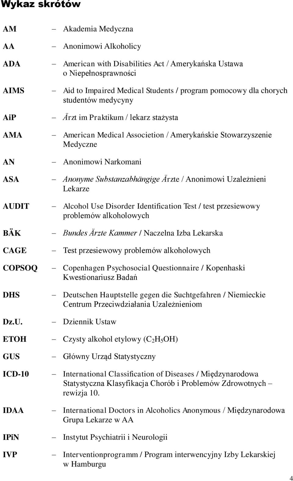 ETOH GUS ICD-10 IDAA IPiN IVP Akademia Medyczna Anonimowi Alkoholicy American with Disabilities Act / Amerykańska Ustawa o Niepełnosprawności Aid to Impaired Medical Students / program pomocowy dla